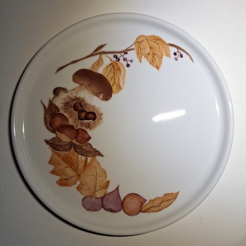 Plat rond porcelaine automne  feuilles ,champignons