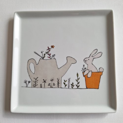 Plat carré en porcelaine " lapin "