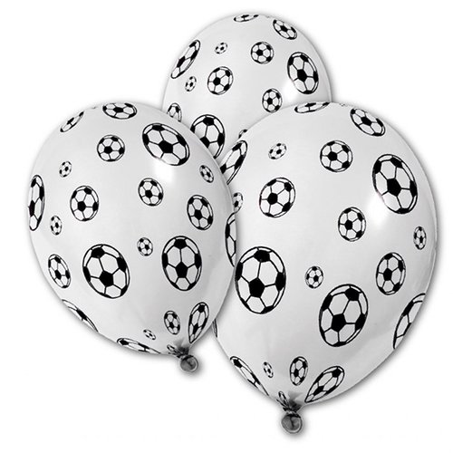 5 ballons en latex, blancs imprimés de ballons de football noirs - anniversaire.
