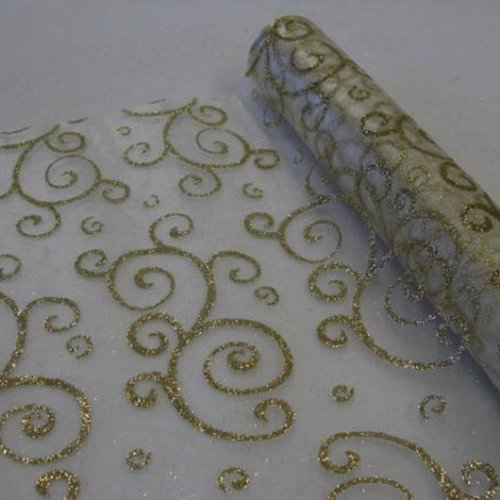 Chemin de table organza pailletée or arabesque 0.28 x 5 m