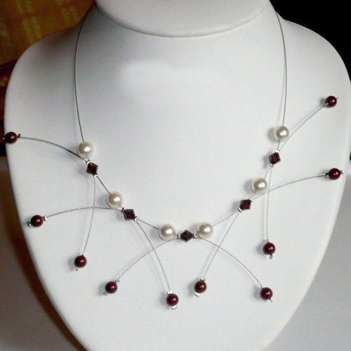 Collier étincelle bordeaux et ivoire n°5, collier mariage.