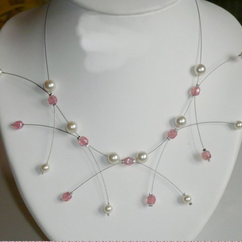 Collier étincelle ivoire et rose n°1, collier mariage.