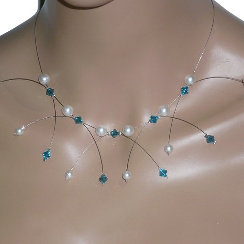 Collier étincelle blanc et bleu n°1. collier mariage.