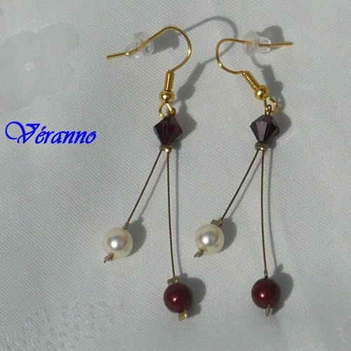 Boucles d'oreilles étincelle bordeaux, ivoire et doré. bijoux mariage en cristal de swarovski.