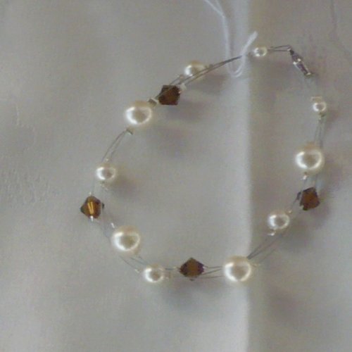 Bracelet 3 rangs marron et ivoire n°8. bijoux mariage en cristal de swarovski.