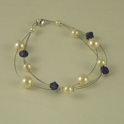 Bracelet 3 rangs violet et ivoire n°1. bijoux mariage en cristal de swarovski.