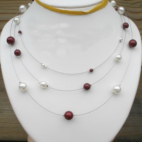 Collier 3 rangs bordeaux et ivoire. collier mariage.