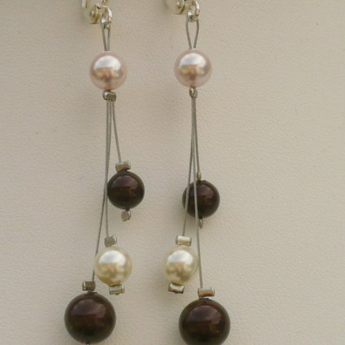 Boucles d'oreilles 3 rangs ivoire, marron et rose. bijoux mariage en cristal de swarovski.