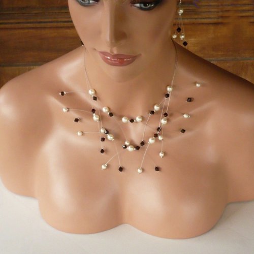 Parure double étincelles mocca (marron foncé) et ivoire. bijoux mariage. parure mariée.