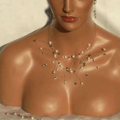 Parure double étincelles gris et ivoire. bijoux mariage. parure mariée.