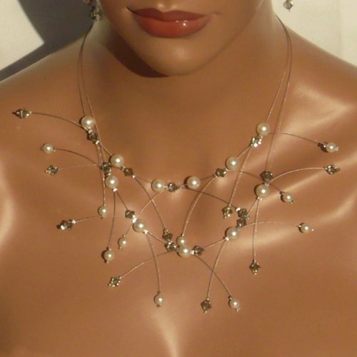 Collier mariée double étincelles gris et ivoire. bijoux mariée.