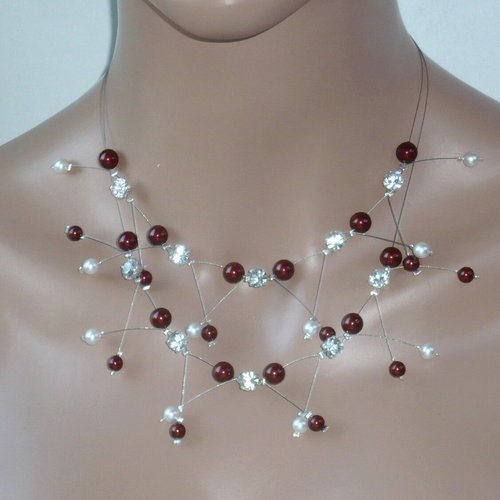 Collier mariée double étincelles bordeaux, blanc et cristal. bijoux mariée.