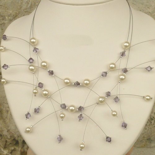 Collier mariée double étincelles violet satin et ivoire. bijoux mariée.