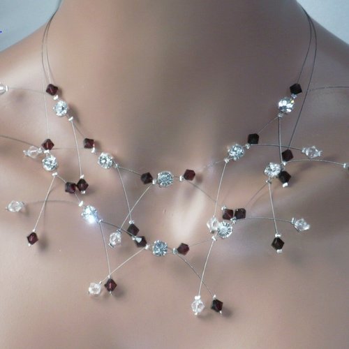 Collier mariée double étincelles bordeaux et cristal. bijoux mariée.