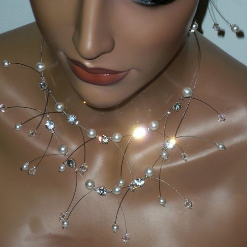 Collier mariée double étincelles blanc et cristal. bijoux mariée.