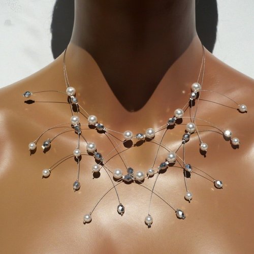 Collier mariée double étincelles blanc et argenté. bijoux mariée.