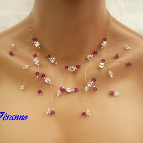 Collier mariée double étincelles fuchsia et cristal. bijoux mariée.