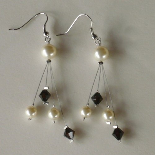 Boucles d'oreille doubles étincelles marron foncé et ivoire. bijoux mariage, mariée.