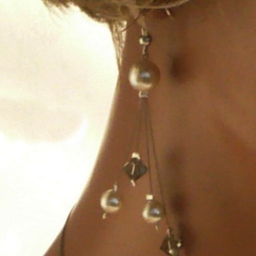 Boucles d'oreille doubles étincelles gris et ivoire. bijoux mariage, mariée.