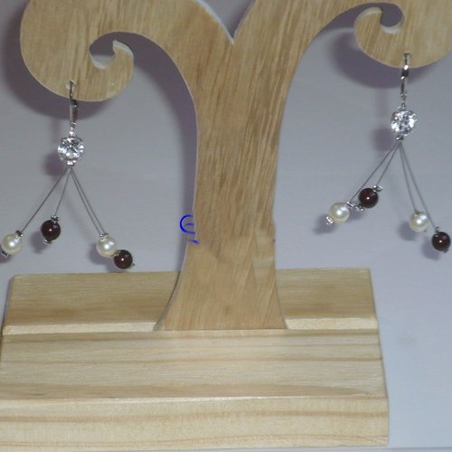 Boucles d'oreille doubles étincelles marron, ivoire et cristal. bijoux mariage, mariée.