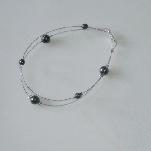 Bracelet doublon gris foncé style perle tahiti. bijoux mariage - mariée - swarovski elements.