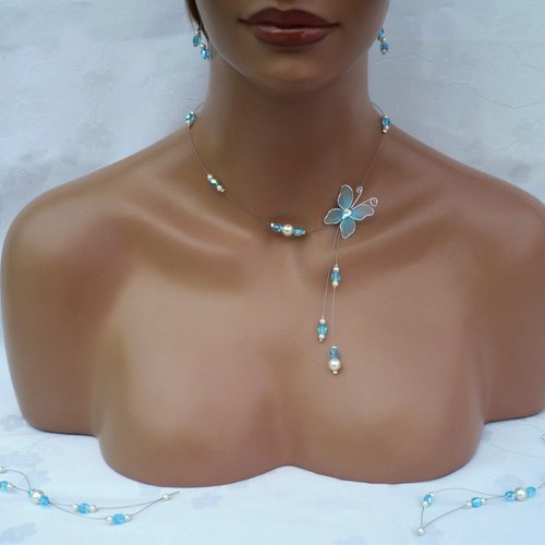 Parure petit papillon n°2 ivoir et turquoise - bijoux mariage