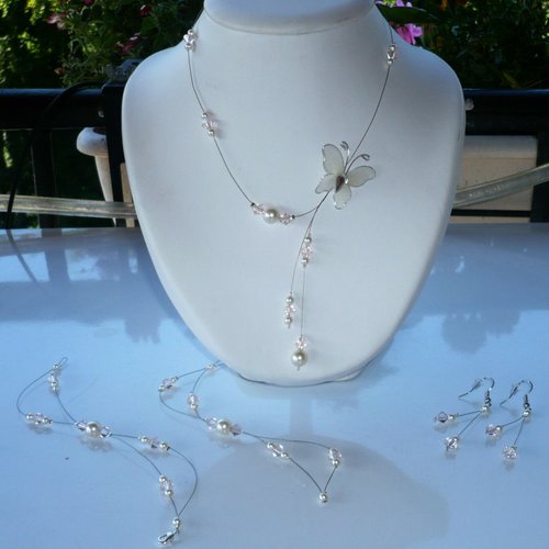 Parure petit papillon n°2 ivoire et rose léger - bijoux mariage