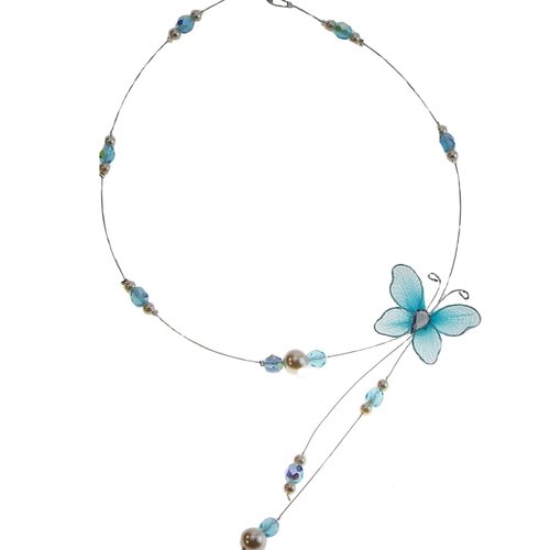 Collier petit papillon ivoire et turquoise - bijoux mariage