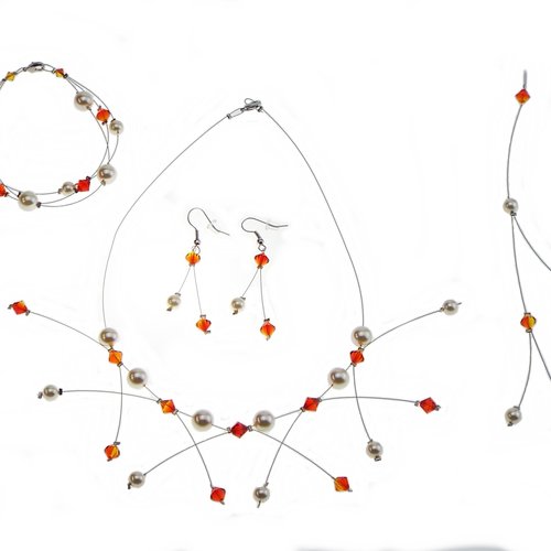 Parure étincelle ivoire et orange. bijoux mariage.