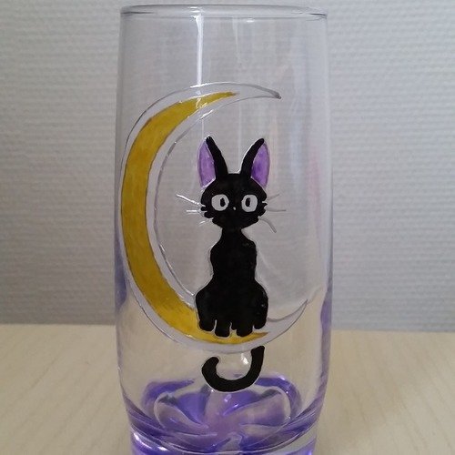 Le Chat Noir Sur La Lune Verre à Eau Peint Thème Manga