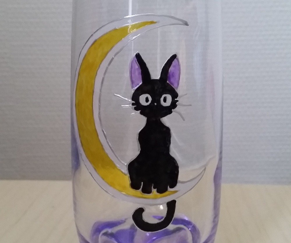 Le Chat Noir Sur La Lune Verre A Eau Peint Theme Manga Un Grand Marche