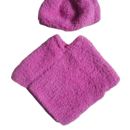 Poncho + bonnet layette bébé rose fait main : 3 mois