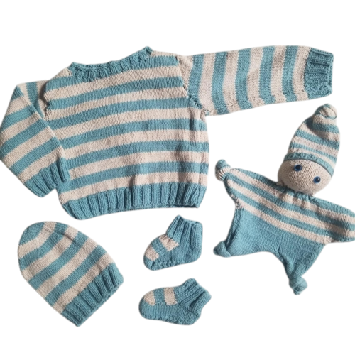 Ensemble layette bébé garçon bleu et blanc fait main : 3 mois