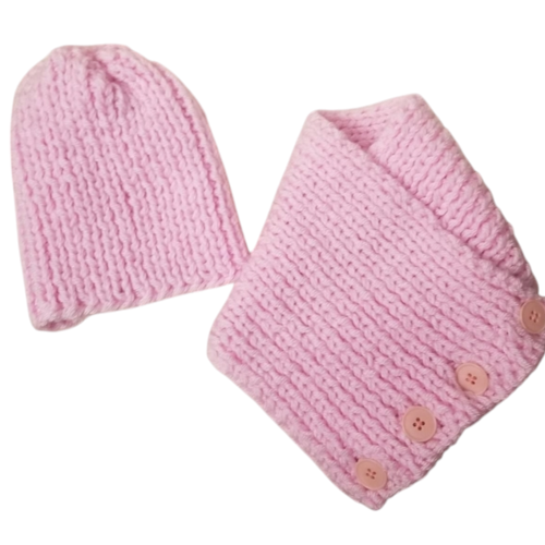 Ensemble bonnet et col rose fille : 2/3 ans