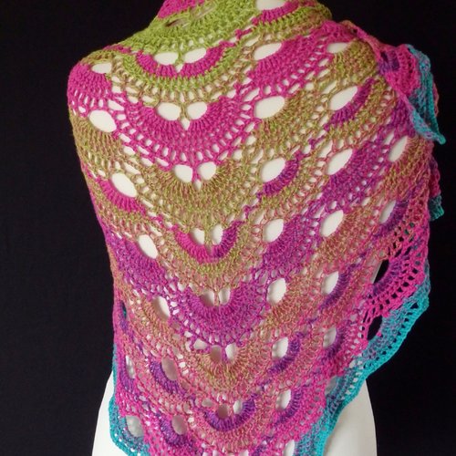 Châle virus au crochet couleurs vives, rose, vert, turquoise, coton léger