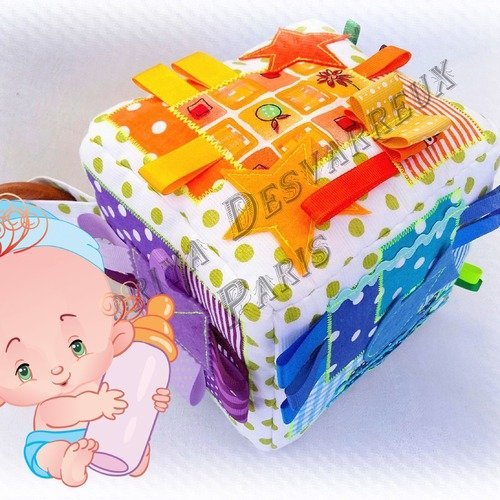 Cube eveil bébé , anneau de dentition bois , jeu sensoriel bébé , cadeau naissance , sensoriel
