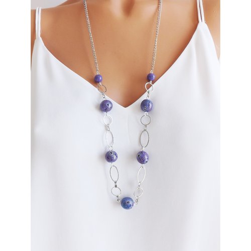 Sautoir tendance et original violet et bleu en perles artisanales