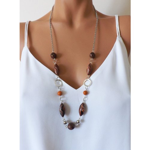 Sautoir marron en perles artisanales, collier long pièce unique