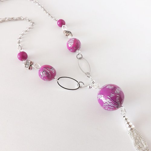 Collier Fantaisie Femme Rose Fuchsia – Perles Verre Argentées, Pas Cher, Pour Mariage