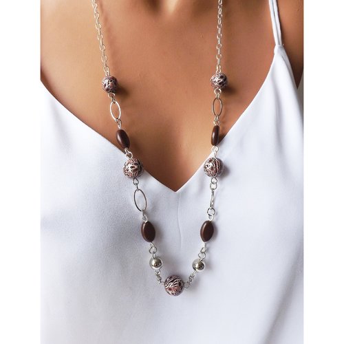 Sautoir moderne marron pour femme - collier en perles artisanales - cadeau femme fabrication artisanale
