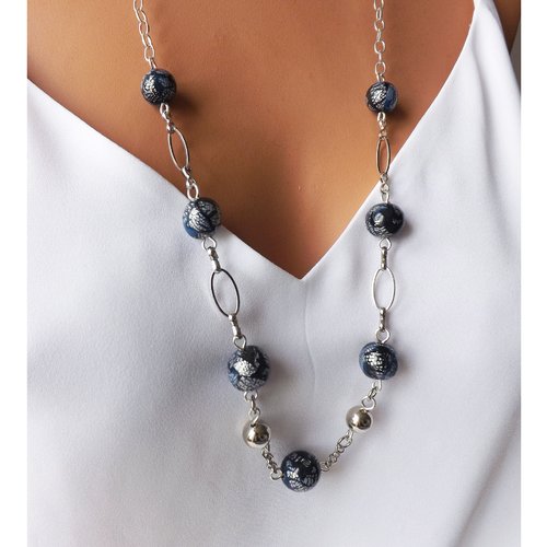 Sautoir noir et argent en perles artisanales - collier long pour femme - perles faits main
