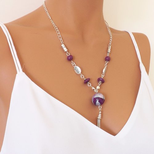 Collier femme violet en perles fabrication artisanale, bijou chic et tendance en polymère