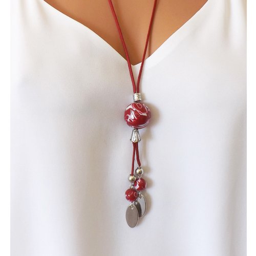 Sautoir rouge en perles artisanales, collier long pour femme