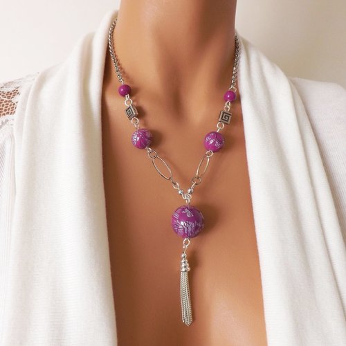 Collier chic et moderne rose fuchsia et argent en perles artisanles