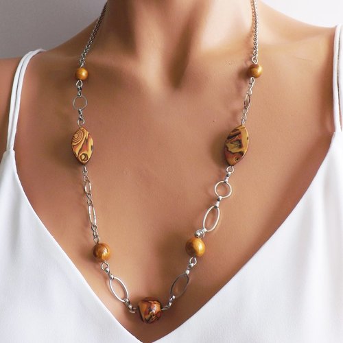 Collier fantaisie marron cuivré en perles artisanales