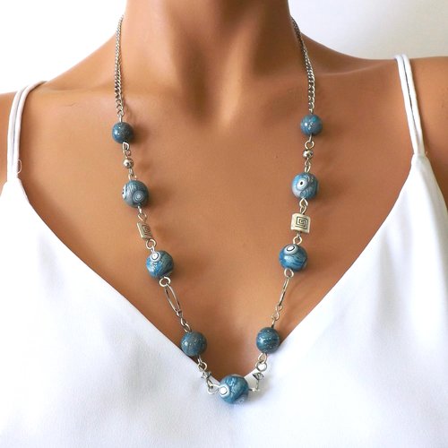 Collier femme bleu et argent en perles artisanales