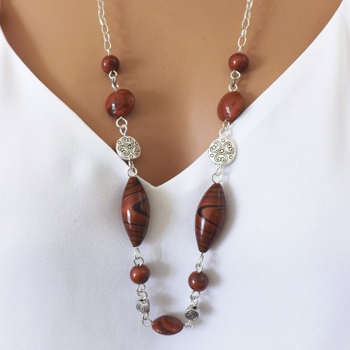 Sautoir femme chic et moderne, collier marron bronze en perles artisanales