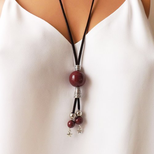 Sautoir original noir et bordeaux, collier long pour femme