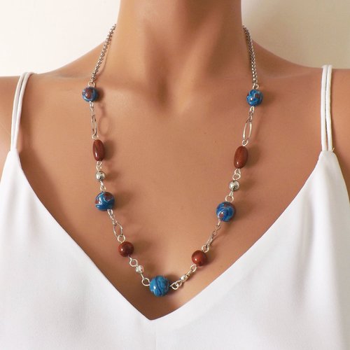 Collier bleu et marron aux perles originales faites à la main en pâte polymère