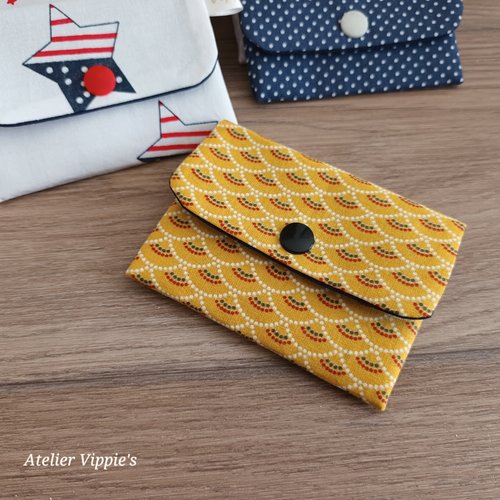 Porte cartes en tissu jaune moitarde et bleu marine